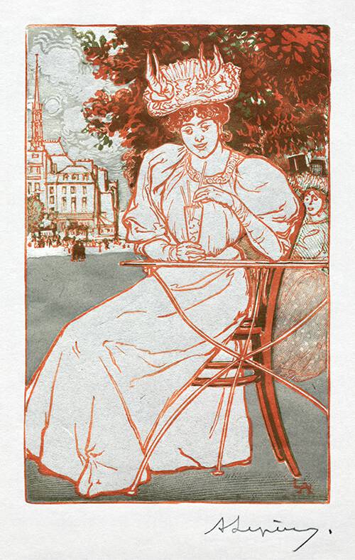 A woman is having an ice-cream at a table outdoors—probably at the terrace of a café