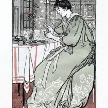 A woman is sitting alone in a restaurant, smiling to herself while eating oysters
