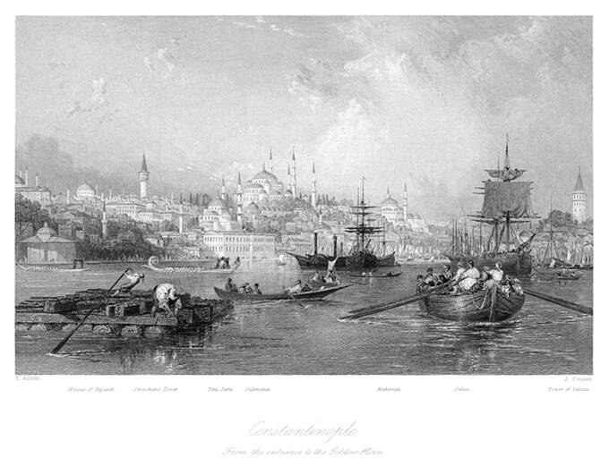 View of the entrance of the Golden Horn showing an array of boats and the Istanbul skyline