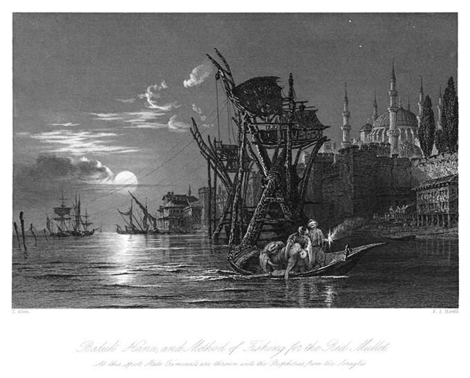 Night view of a fishing station in the moonlit Sea of Marmara, near the Blue Mosque