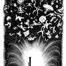 Human figures are sent in the air as an explosion takes place in a building with a tall chimney