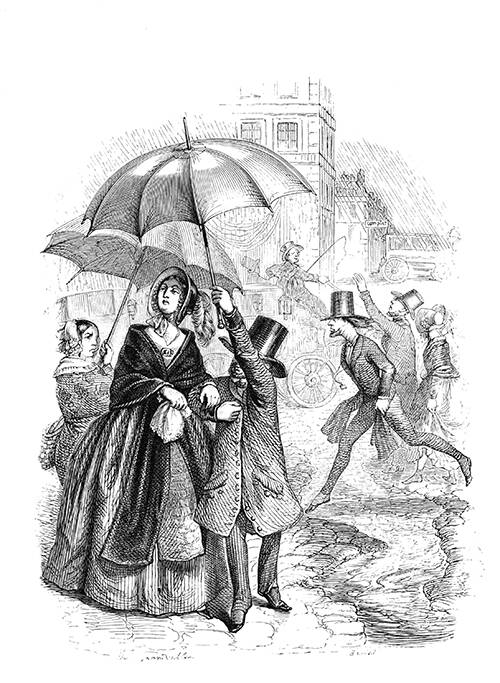 A couple walks in the rain and the man holds up an umbrella to protect his much taller wife