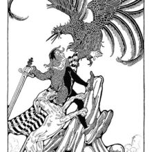 A youth flanked by his dog fights a mythical bird with his sword at top of a mountain