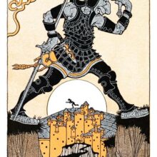 A giant with a sword strides over a gully in pursuit of a figure seen running away in the distance