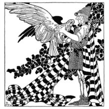 A man wearing a bycocket hat, a tunic, and a striped cloak welcomes an eagle coming to him