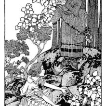 An old woman stands on a rock as a younger woman kneeling below her listens to a nearby bird