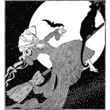 A witch wearing an imposing headdress rides a broom, with her black cat sitting at the front