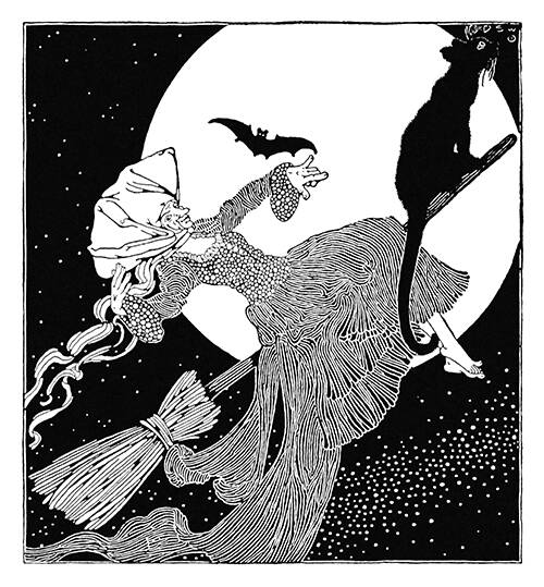 A witch wearing an imposing headdress rides a broom, with her black cat sitting at the front