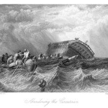 A ship tilted on the starboard side is sinking as the crew and passengers row away from the wreck