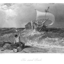 A man stranded on a sand bank waves a cloth at a ship sailing toward him on choppy waters