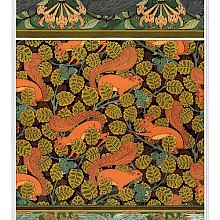 Ornament with swifts on honeysuckle stalks, squirrels in a hazel tree and birds among hazel catkins