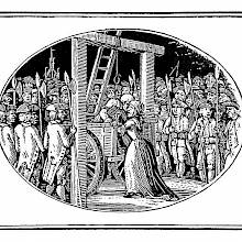 A man has been brought to the gallows in a cart and leans over a woman standing behind