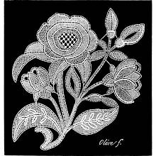 Lace design showing camellia flowers, leaves, and buds