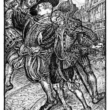 Four men dressed in the Elizabethan fashion drunkenly roam the street, one holding up a tankard