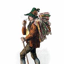 A pedlar wearing a hat and smoking a pipe is seen walking with a load of carpets on his back