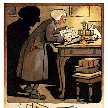 A man in a white wig stands by the side of a table covered with books and leans over one of them