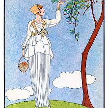 A woman is seen from the front delicately picking cherry plums from the tree to fill her basket