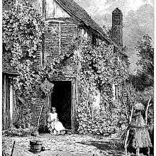 A woman is knitting at a door of a cottage opening out into a kitchen garden on a summer day