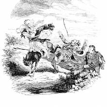 A woman rides a donkey which kicks out