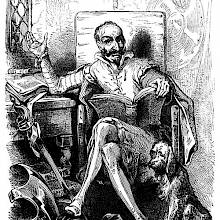 Portrait of Don Quixote sitting in an armchair with a book on his lap