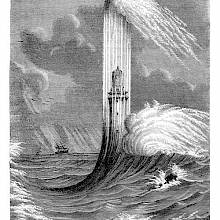 View of the Eddystone Lighthouse in a storm, with waves crashing against it