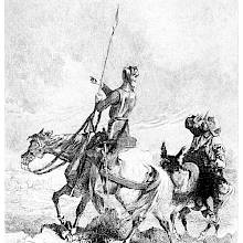 Don Quixote riding his mare Rocinante turns to Sancho to show him a cloud of dust