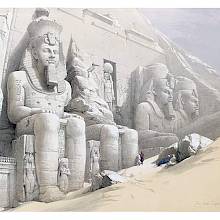 View of the colossal statues of Ramesses II at the entrance of the Great Temple at Abu Simbel