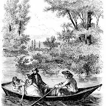 A woman sitting with her daughter and husband at the back of a boat dips her hand in the water