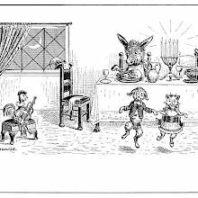 A cat and a dog dance to a chicken playing the guitar while a donkey sits at the dinner table