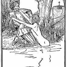 A woman bathing in a pond tries to pull a man kneeling on the bank into the water