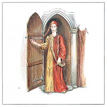 A man wearing a yellow and red robe and carrying a shawm-shaped pipe pushes a door open