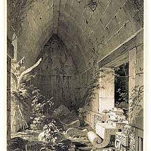 Interior view of a Mayan building with a vaulted ceiling and overgrown with vegetation