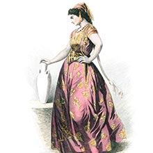 A young woman is seen from the side with one hand on her hip and the other on a jar