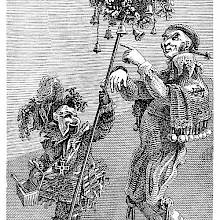 A man and a masked figure holding a basket on a stick are seen wearing fancy clothes