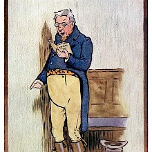 A spectacled man is seen in full-length standing in the pew and singing from a book of anthems