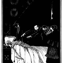 A corpse lies decaying on a bed as a physician performs arcane techniques to try and revive it