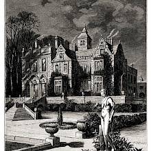 Perspective view of a country house at night, with a statue in the foreground