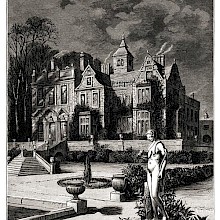 Perspective view of a country house at night, with a statue in the foreground