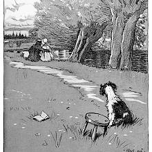 a dog can be seen next to a stool and looking in the direction of a couple sitting on a riverbank