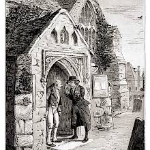A parson is having a lively conversation with an older man on the porch of a small village church