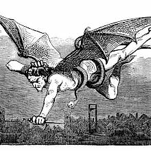 A human-shaped creature with bat wings and a snake coiled around its body flies over Paris