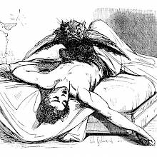 A winged monster is crouching on the chest of a sleeping man and looks at the viewer