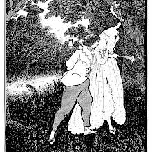 A tall young woman with a hat and a fan walks in the woods with a shorter young man at her side