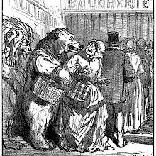 A lion and a bear stand in line at a butcher's shop, scaring the woman in front of them