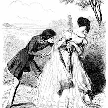 A woman casts an anxious glance behind her as a man leans over her arm to give it a kiss