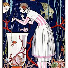 A woman leans over a tall fish-tank and teases the small fish swimming inside with a twig