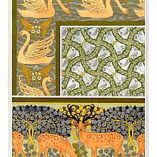 Decorative patterns showing swans on a pond, butterflies among foliage, and deer in a clearing
