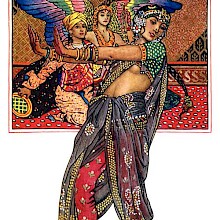 The figure of a dancer extends beyond the frame of a picture featuring a creature with rainbow wings