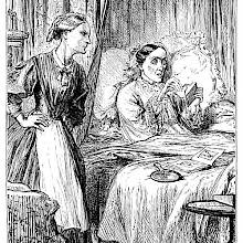 A woman sitting in her bed eagerly opens a letter while her nurse waits at her side