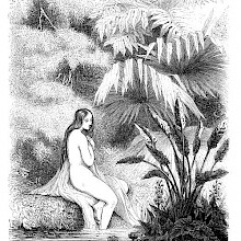 A young woman is sitting half-naked on a riverbank, surrounded by tropical vegetation